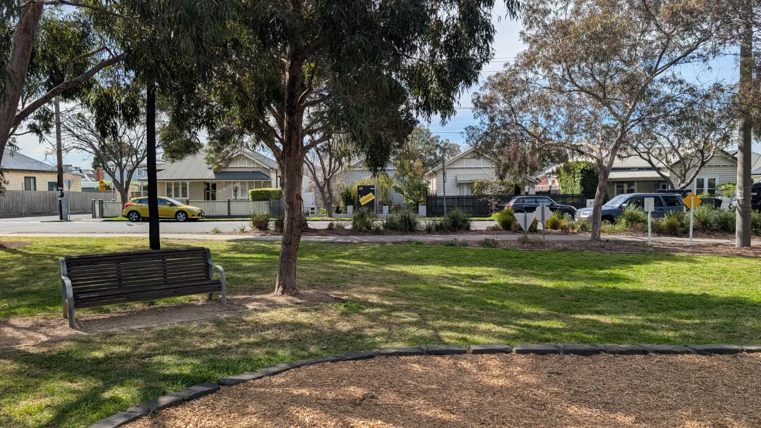 Homes directly opposite Beevers Reserve viewed from inside the park
