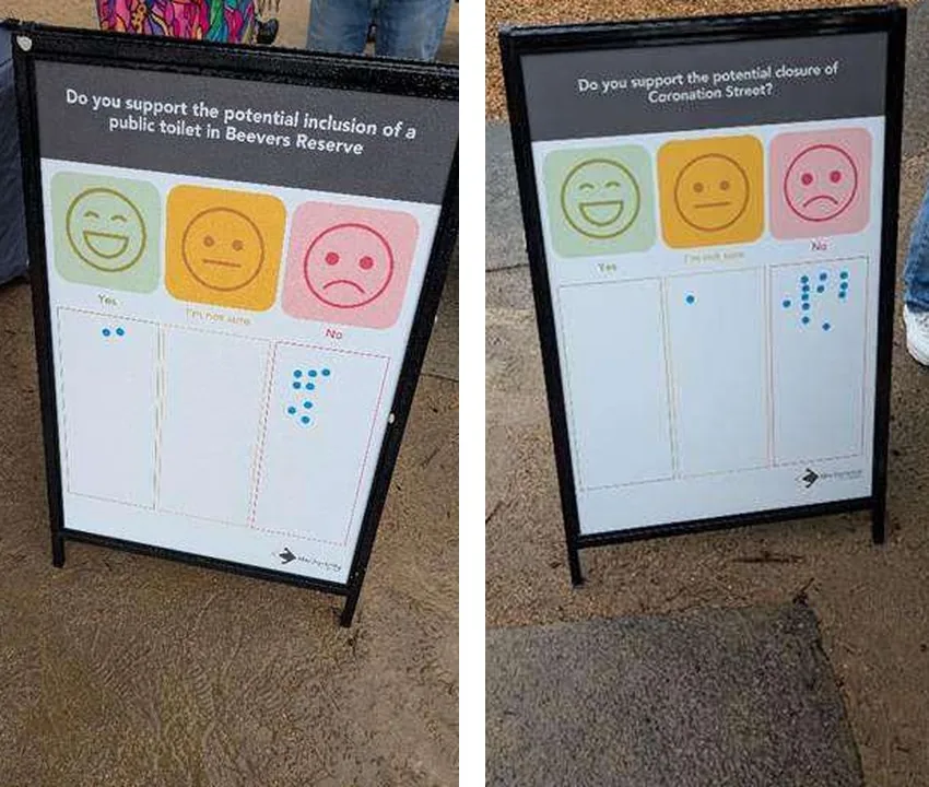 Two consultation boards from 8 November 2025 showing sticky-dot responses on the Beevers Reserve toilet and Coronation Street closure questions